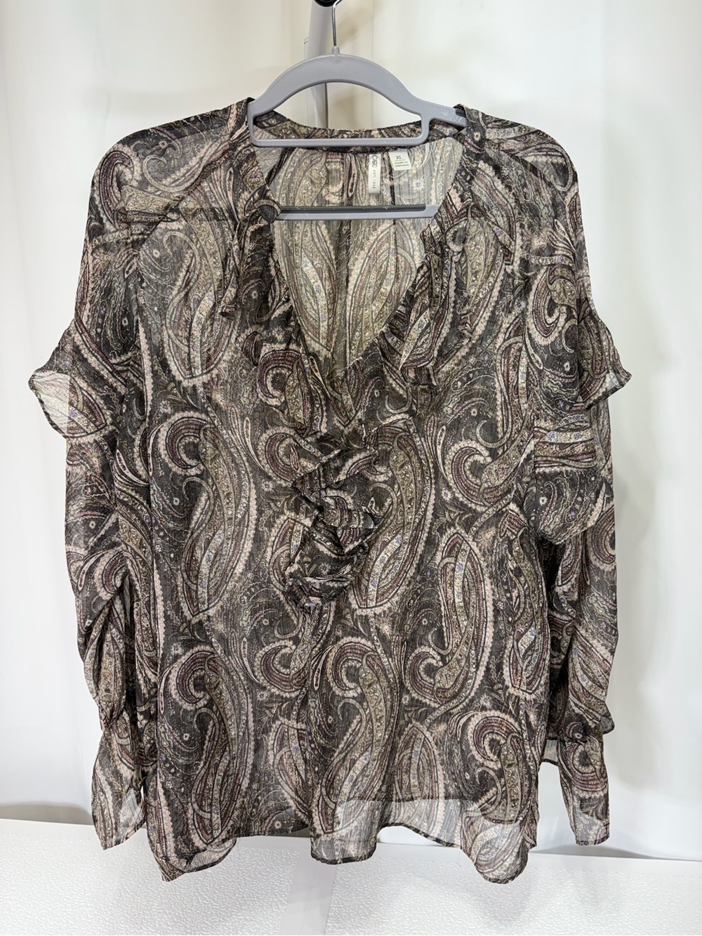 Cato Paisley Ruffle V-Neck Blouse - Brown/Black/Cream 3932